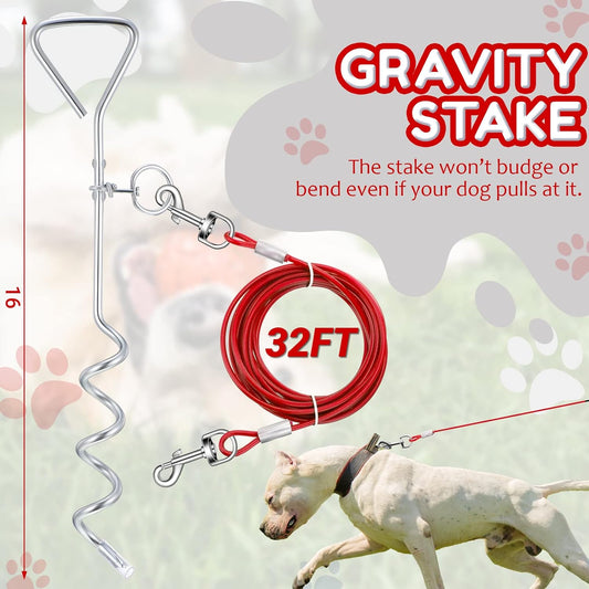 Amylove 2 Set Dog Tie Out Cable and Stake - 30ft Leash Chain, 16" Spiral Stake for Outside Yard - Medium to V1258-DP02-C-783