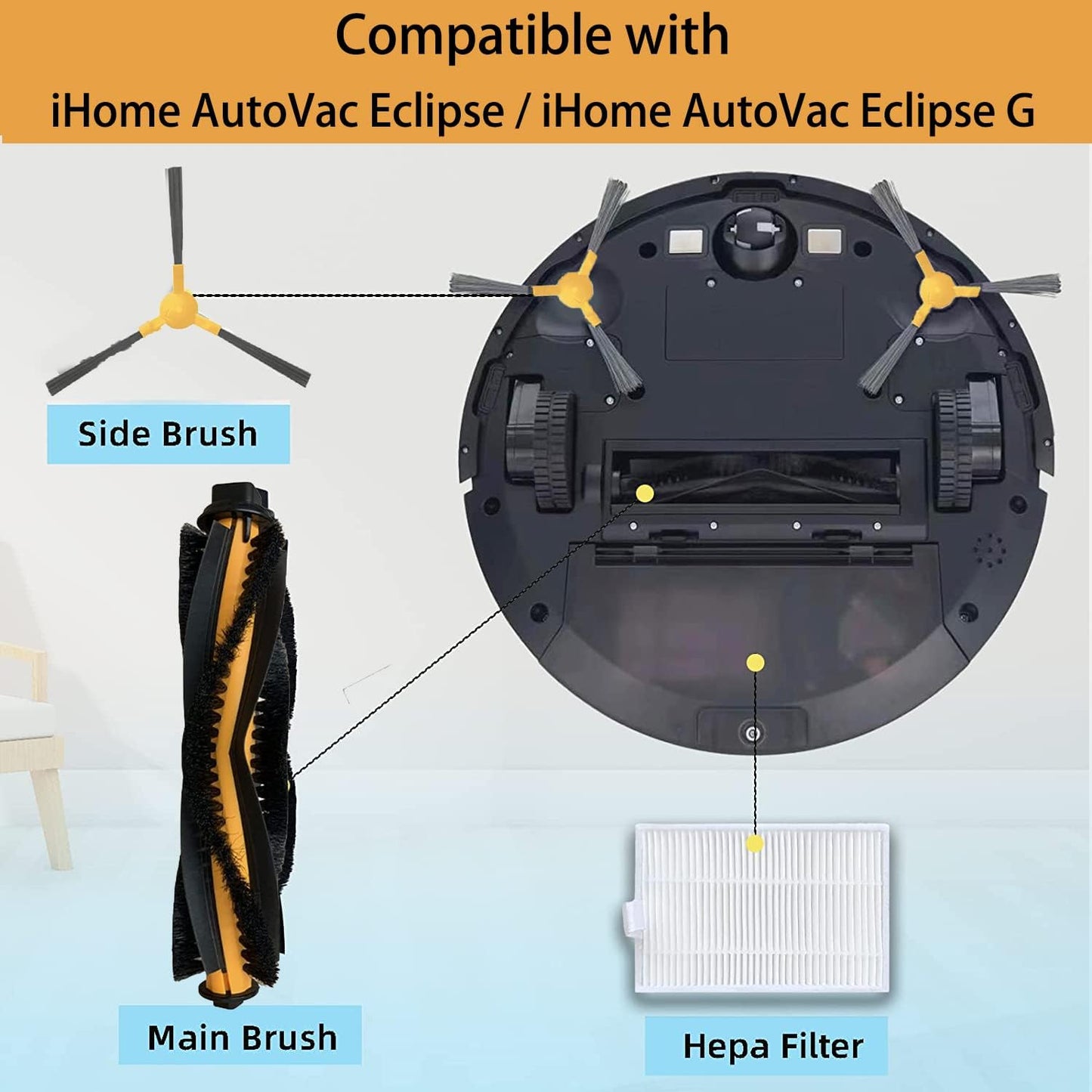 Replacement Parts for iHome AutoVac Eclipse/Eclipse G Robot Vacuum Spare Accessories, 1 Main Roller Brush,4 V1258-DP02-C-79