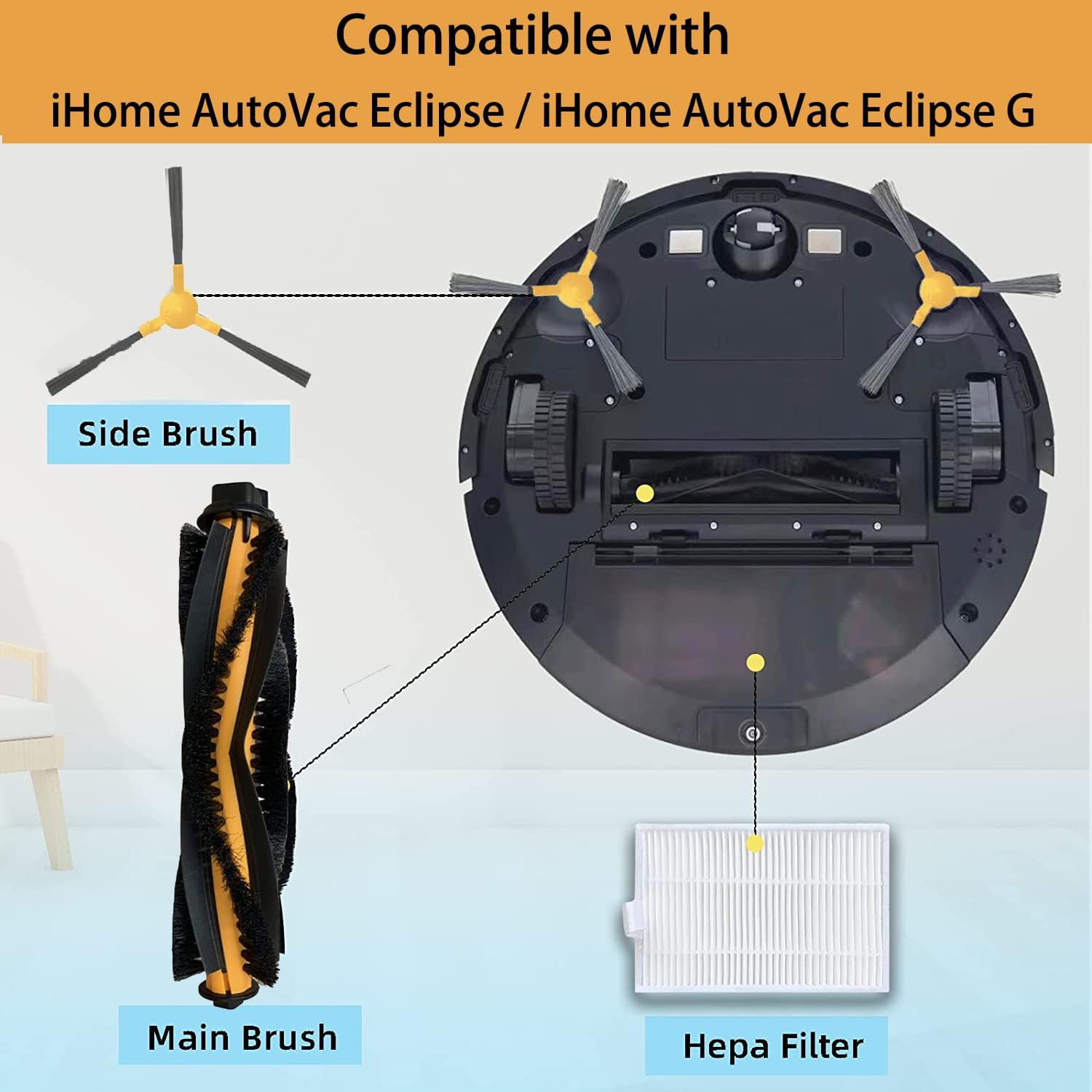 Replacement Parts for iHome AutoVac Eclipse/Eclipse G Robot Vacuum Spare Accessories, 1 Main Roller Brush,4 V1258-DP02-C-79