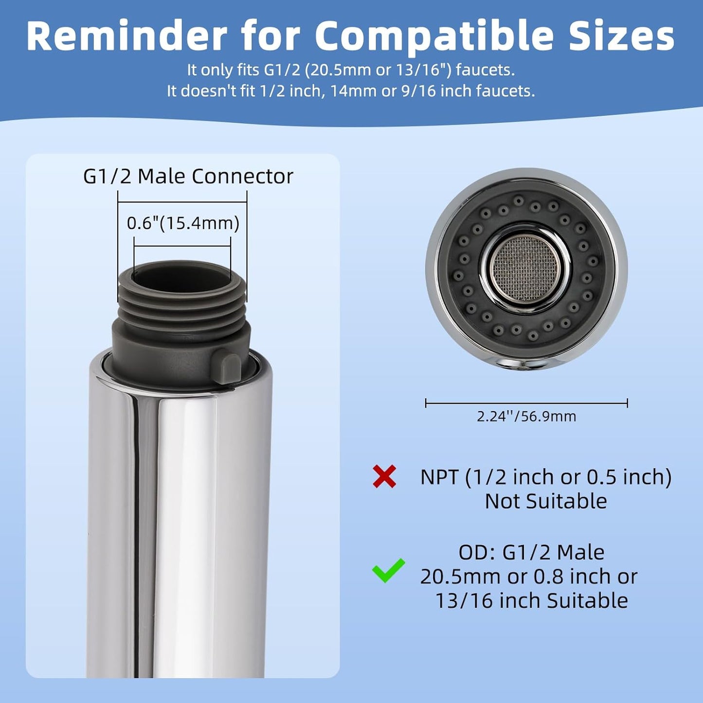 Pull Out Sink Sprayer Head Replacement, 2 Function Kitchen Sink Faucet Head, G1/2 or 13/16 Inch Thread Faucet V1258-DP02-C-800