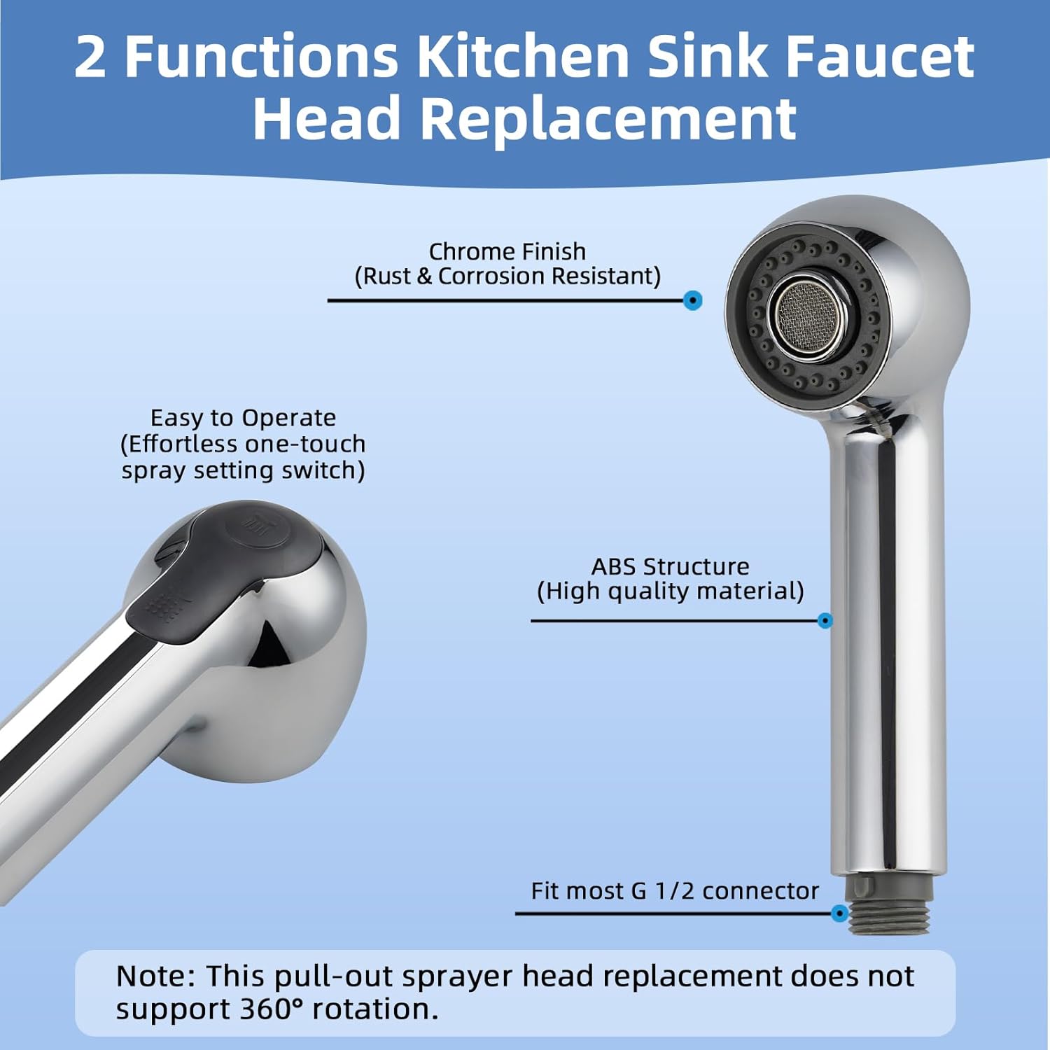 Pull Out Sink Sprayer Head Replacement, 2 Function Kitchen Sink Faucet Head, G1/2 or 13/16 Inch Thread Faucet V1258-DP02-C-800