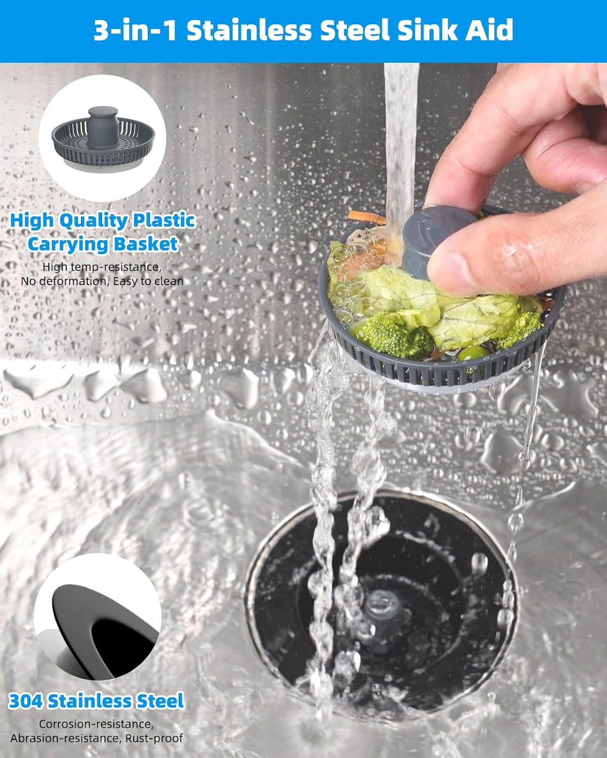 Upgraded 3 in 1 Bathroom & Kitchen Sink Drain Strainer V1258-DP02-C-817