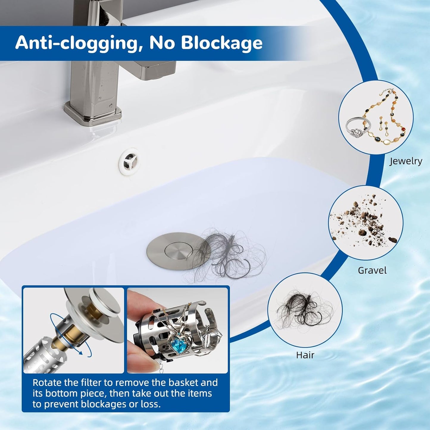 Upgraded 3 in 1 Bathroom and Kitchen Sink Drain Strainer V1258-DP02-C-831