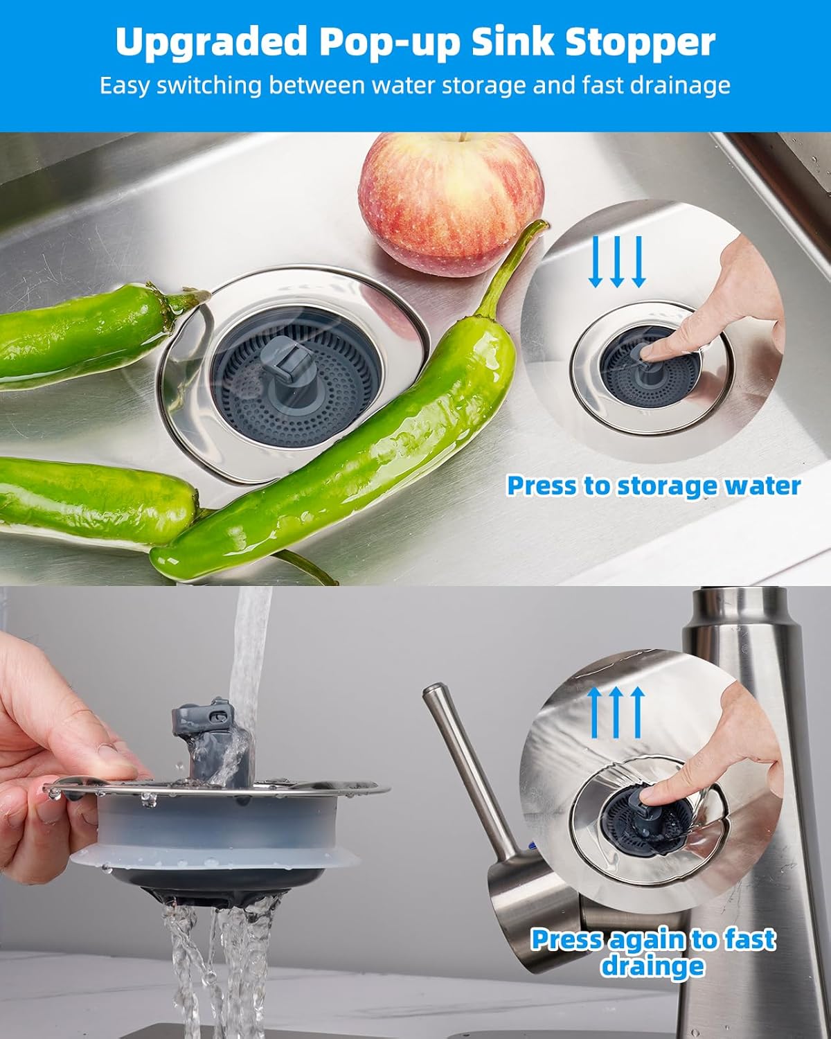 Upgraded 3 in 1 Bathroom and Kitchen Sink Drain Strainer V1258-DP02-C-832