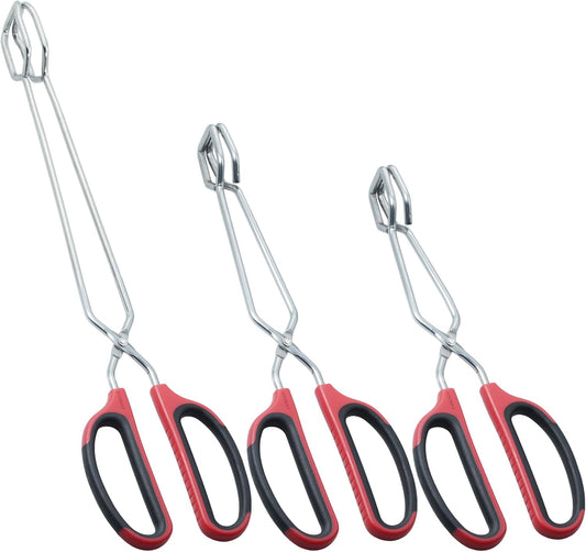 Stainless Steel Kitchen Scissor Tongs Set for Cooking, Grilling & Serving, 3-Piece with Red Handle (10/12/16 V1258-DP02-C-856