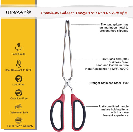 Stainless Steel Kitchen Scissor Tongs Set for Cooking, Grilling & Serving, 3-Piece with Red Handle (10/12/16 V1258-DP02-C-856