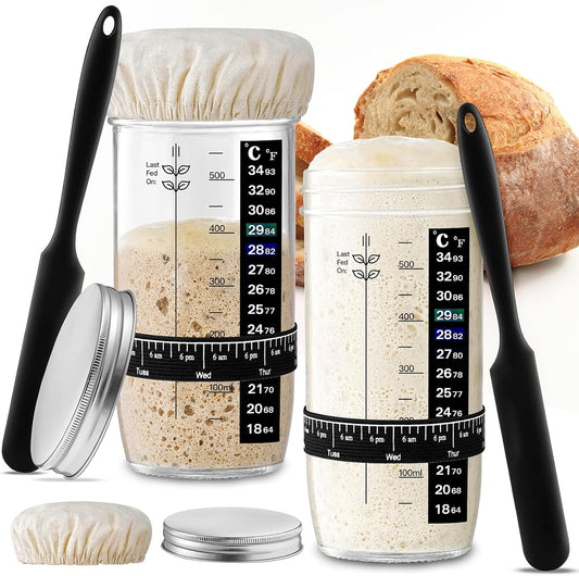 Glass Sourdough Starter Jar 2 Pack, 24 oz Wide Mouth Organic Sourdough Starter Kit with Date Marked Band, V1258-DP02-C-87