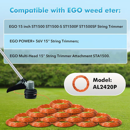 15 Pack AL2420P Replacement Twisted Trimmer Line Compatible with All 15" EGO 56-Volt String Trimmers Weed V1258-DP02-C-871