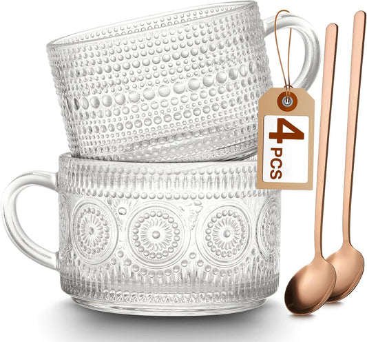 Vintage Coffee Mugs Set of 2, 14 oz Embossed Glass Cups with Handle, Clear Cups for Cappuccino, Latte, V1258-DP02-C-89