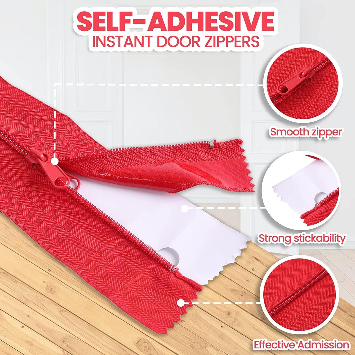4-Pack Heavy-Duty Dust Protector Zipper (Red) - Self-Adhesive Instant Door Zipper - 7 Ft Length x 3" Width - V1258-DP02-C-896