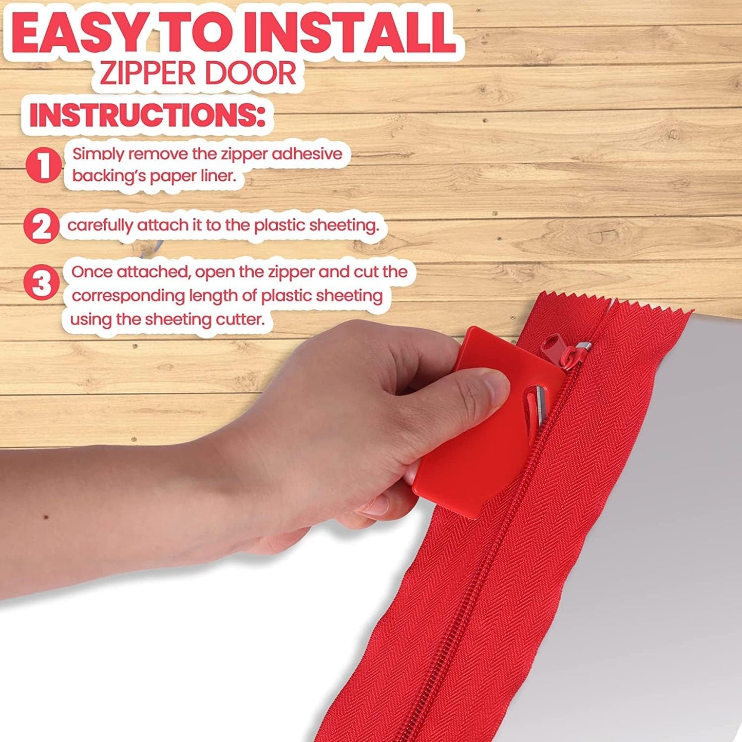 4-Pack Heavy-Duty Dust Protector Zipper (Red) - Self-Adhesive Instant Door Zipper - 7 Ft Length x 3" Width - V1258-DP02-C-896