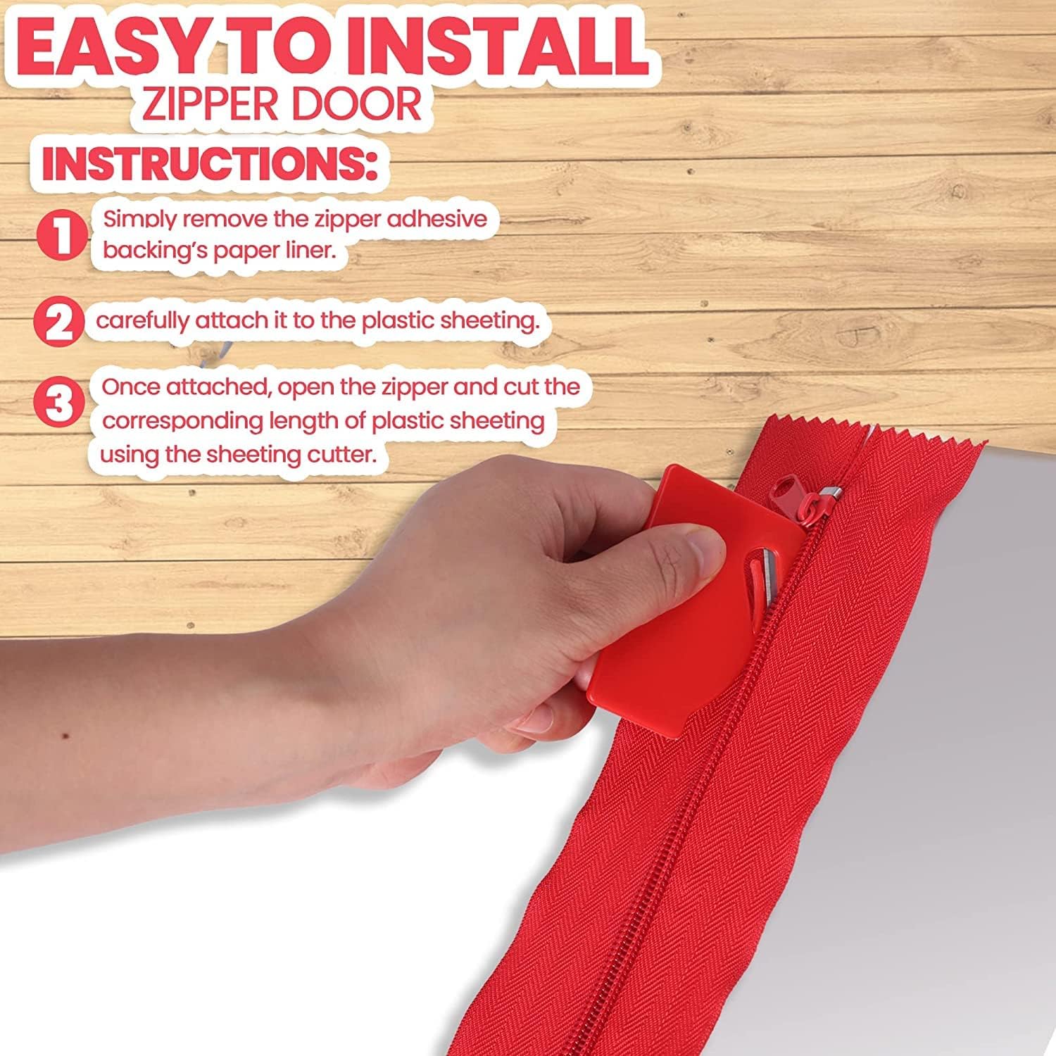 4-Pack Heavy-Duty Dust Protector Zipper (Red) - Self-Adhesive Instant Door Zipper - 7 Ft Length x 3" Width - V1258-DP02-C-896