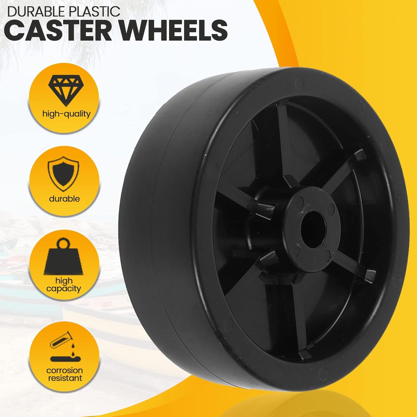 (2-Pack) 6-Inch Boat Trailer Jack Wheels - Universal Fit Black Plastic Caster Wheels - Includes All Mounting V1258-DP02-C-915