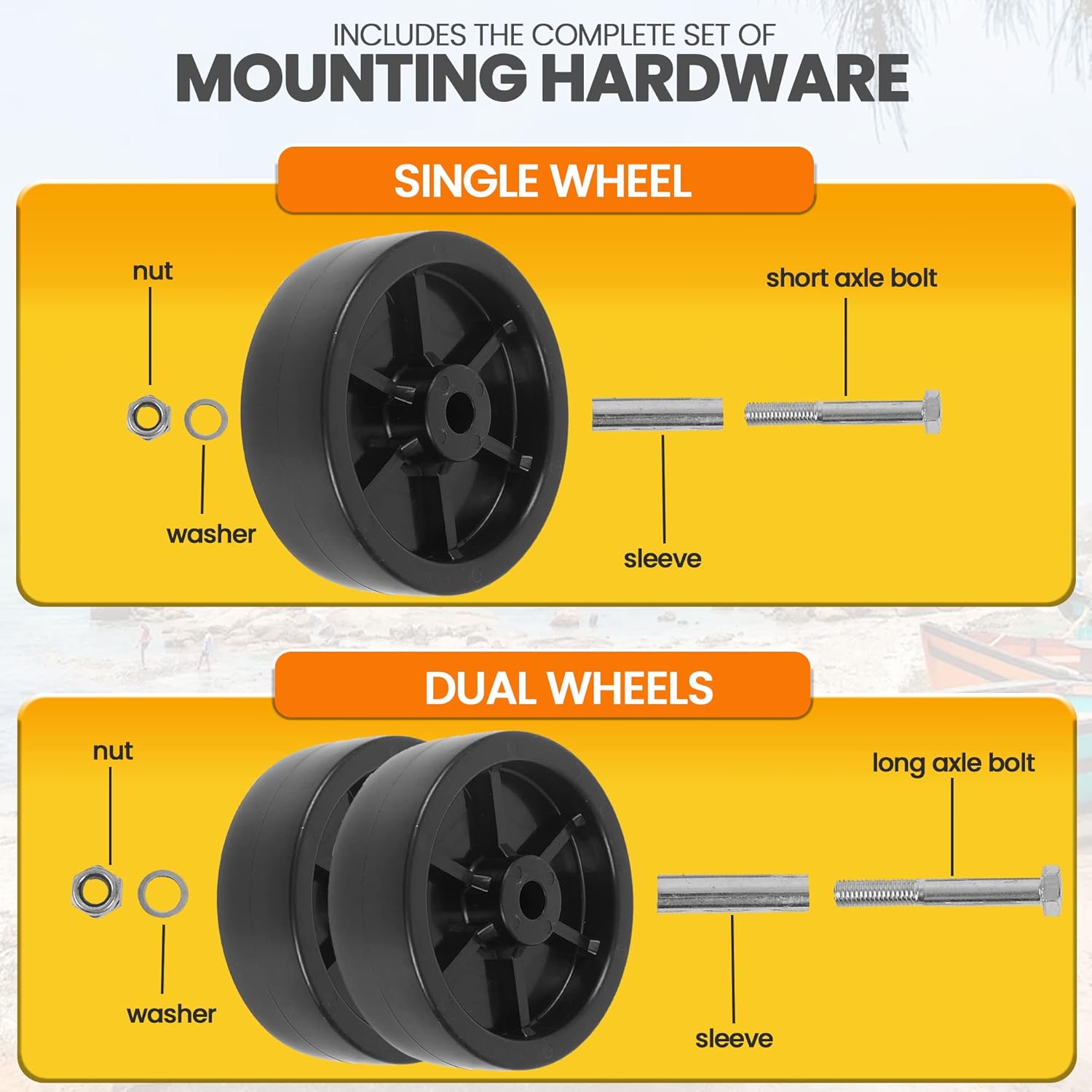 (2-Pack) 6-Inch Boat Trailer Jack Wheels - Universal Fit Black Plastic Caster Wheels - Includes All Mounting V1258-DP02-C-915