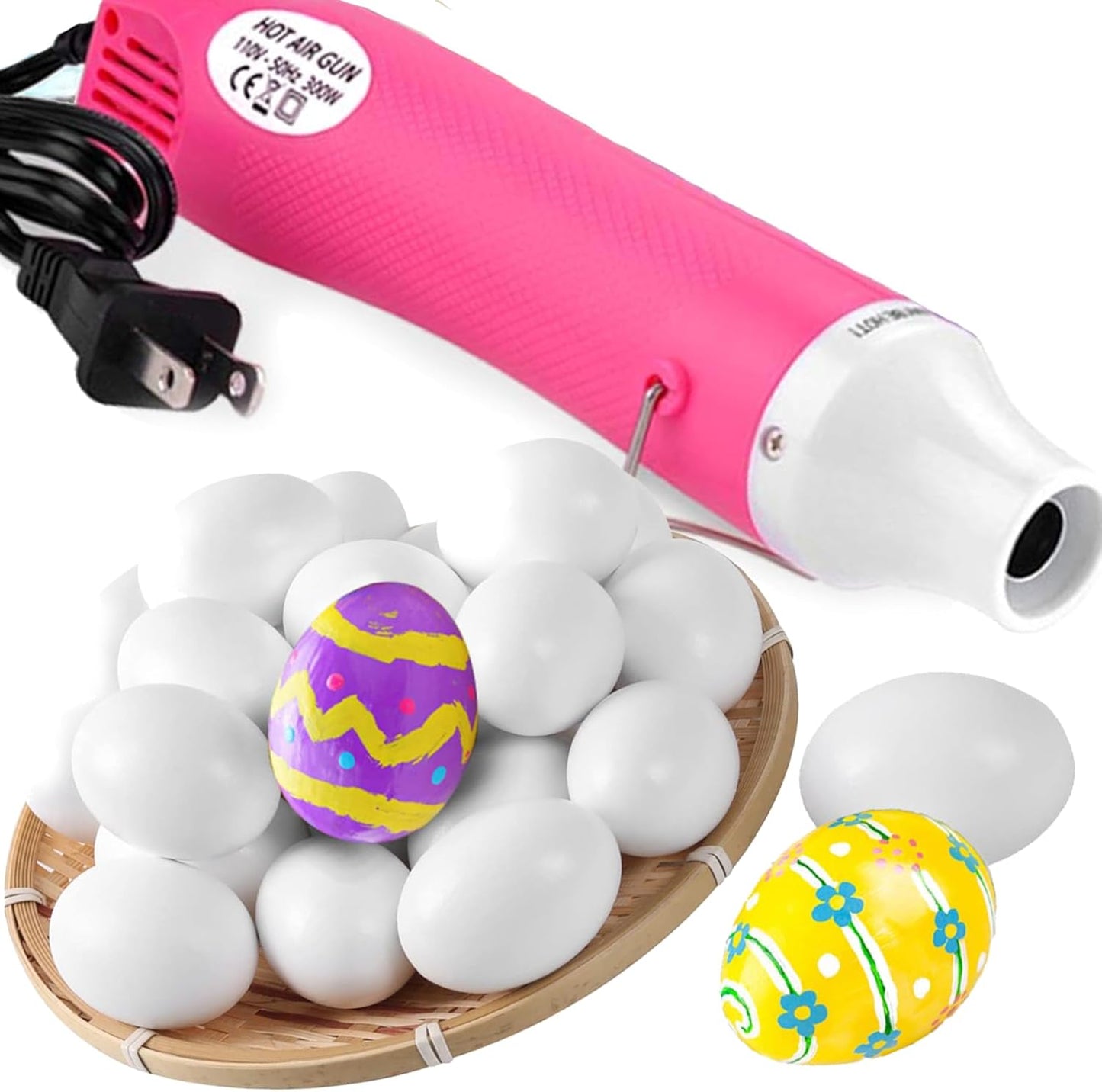 Pink Heat Gun for Crafts and (24-Pack) Hyper-Realistic White Wooden Eggs for Painting V1258-DP02-C-923