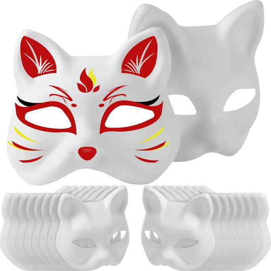 16-Pack Blank Cat Paper Mache Mask & 5-Pack Colored Faux Fur Strips for Cosplay, Halloween Decorations, Craft V1258-DP02-C-926