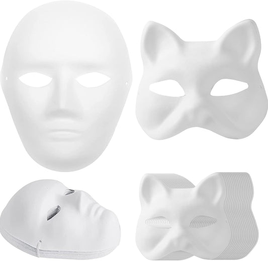 14-Pack Paper Mache Masks (2 Sizes) & 16-Pack Cat Mask White Blank for Party, Cosplay, Artistic Projects, V1258-DP02-C-928