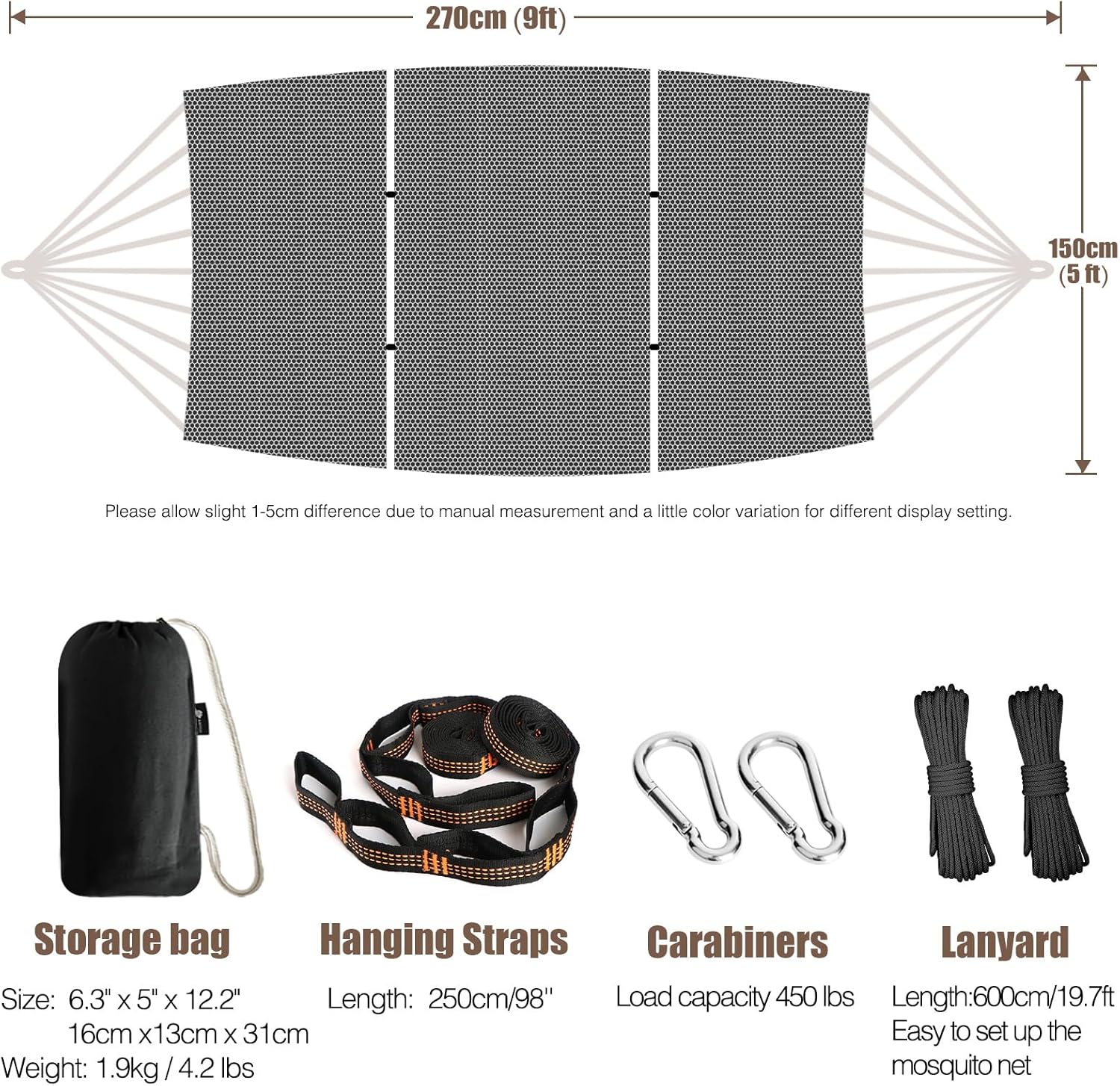 Camping Hammock with Mosquito Netting and Tree Straps - Sturdy Up to 450lbs for Outdoor, Backyard, V1258-DP02-C-932