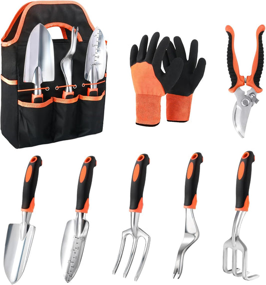 Garden Tools Set, 8 Piece Gardening Tools Set with Non Slip Ergonomic Handle, Heavy Duty Garden Tool Set with V1258-DP02-C-938