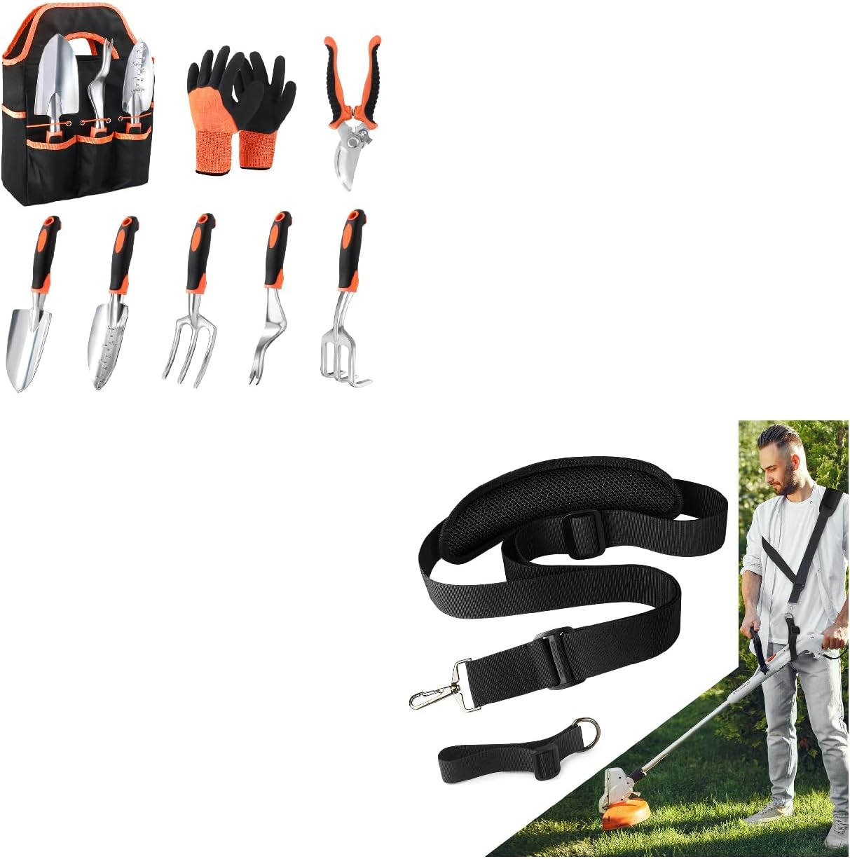 Garden Tools Set, 8 Piece Gardening Tools Set with Non Slip Ergonomic Handle+ Trimmer Shoulder Strap for V1258-DP02-C-940