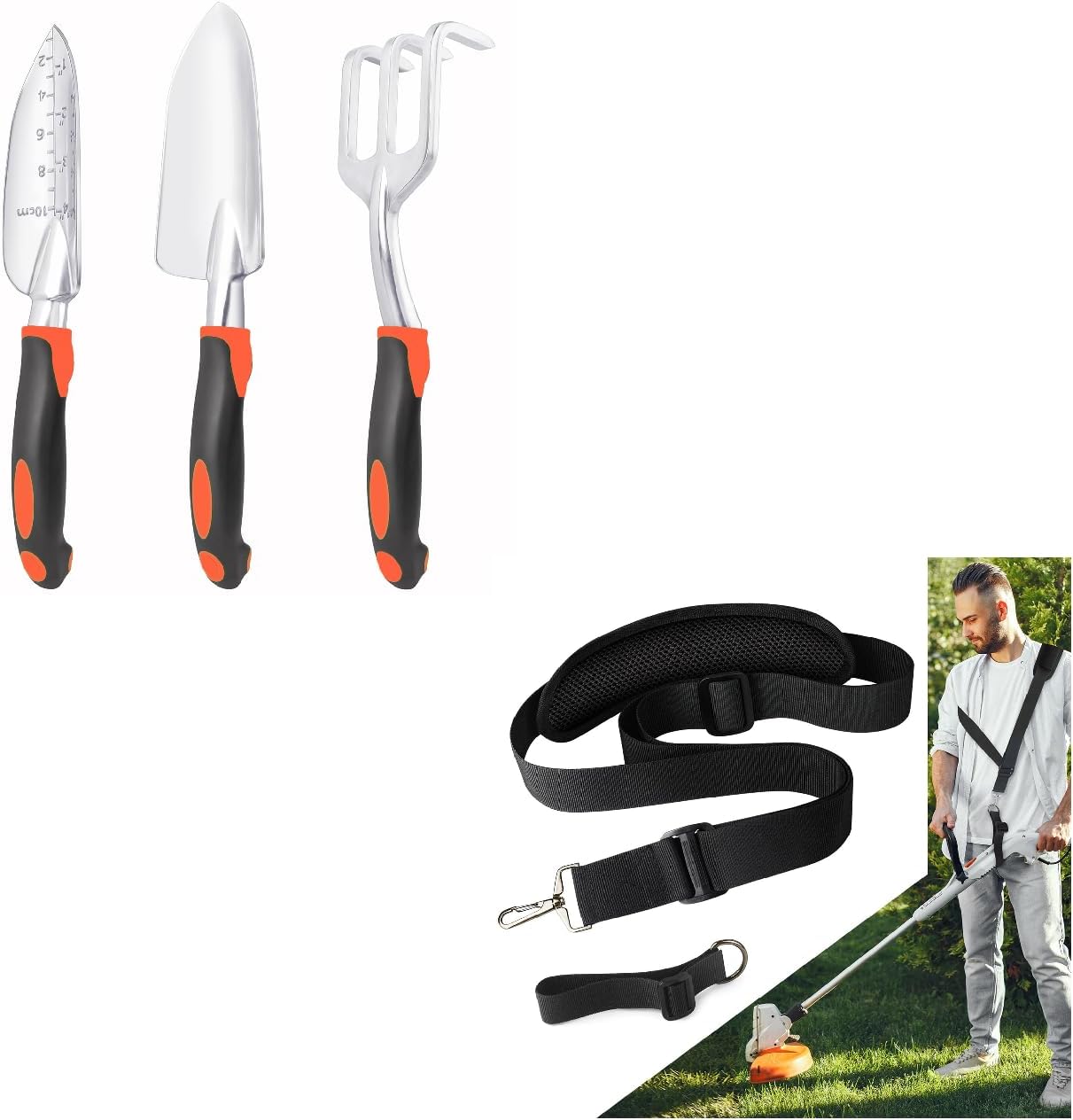 Garden Tools Set, 3 Pack Heavy Duty Gardening Tools Set + Trimmer Shoulder Strap for Weed, Adjustable V1258-DP02-C-941