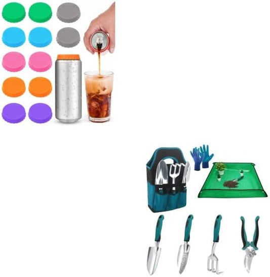 Silicone Soda Can Cover Lids, 12 Pack Reusable Soda Can Lids + Garden Tools Sets, Gardening Tool Set with V1258-DP02-C-956
