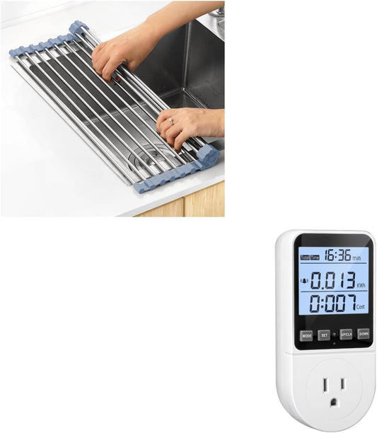 Over The Sink Dish Drying Rack, Roll Up Dish Drying Rack Kitchen Dish Rack + Upgraded Watt Meter, Watt Usage V1258-DP02-C-964