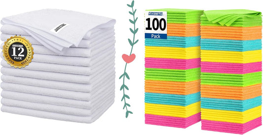 White Microfiber Cleaning Cloth -Pack of 12 Microfiber Cleaning Cloth Bulk, 100 Pack Shop Towels, Lint-Free V1258-DP02-C-998
