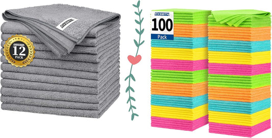 Grey Microfiber Cleaning Cloth -Pack of 12 Microfiber Cleaning Cloth Bulk, 100 Pack Shop Towels, Lint-Free V1258-DP02-C-999