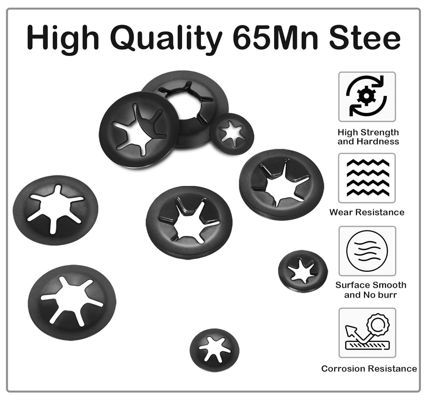 M12 Internal Tooth Star Lock Washers, Quick Speed Locking Washers, Steel Black Finish Push on Locking Washer, V1258-DP02-D-135