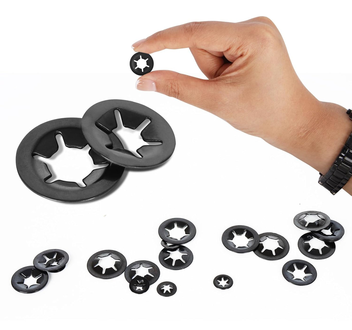 M12 Internal Tooth Star Lock Washers, Quick Speed Locking Washers, Steel Black Finish Push on Locking Washer, V1258-DP02-D-135