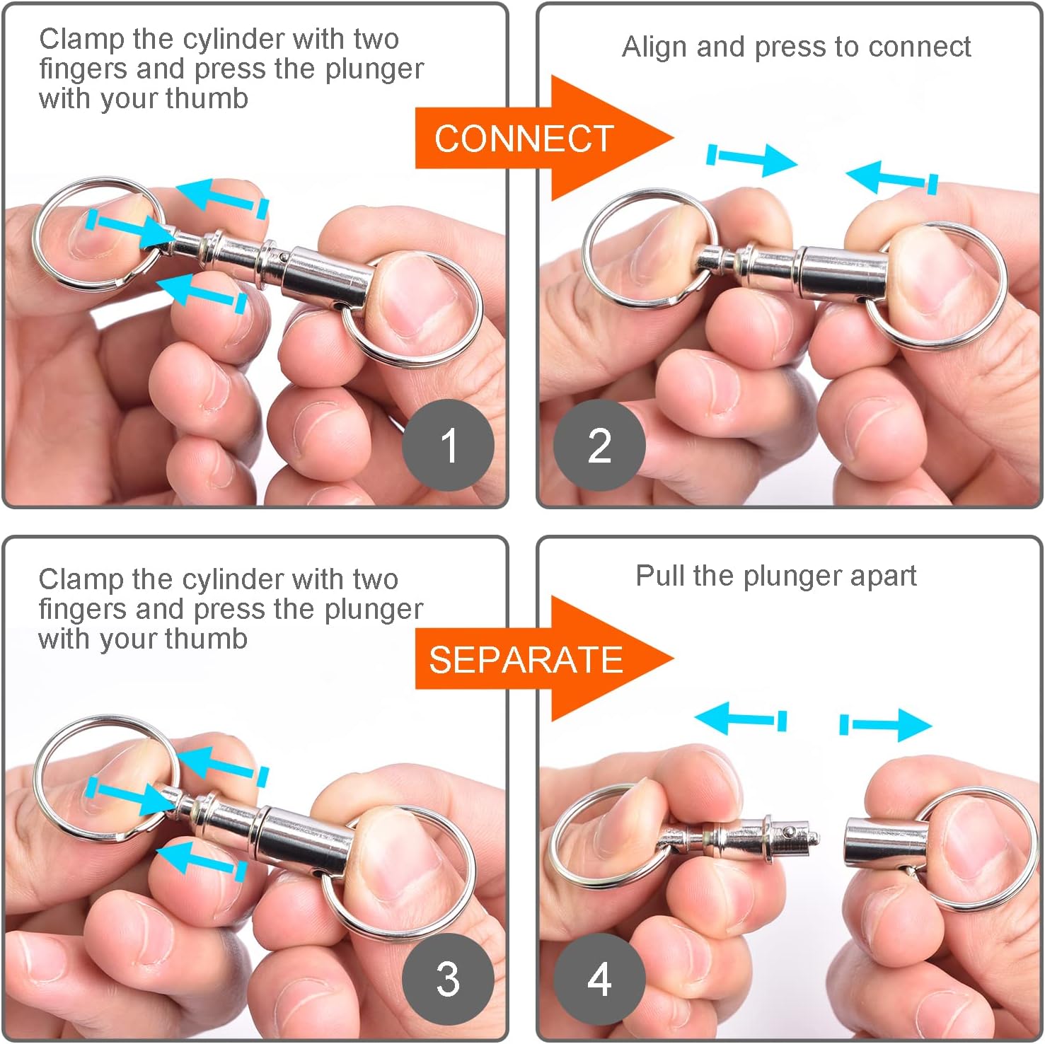 CooBigo 3 Pack Quick Release Detachable Keychain Dual Pull Apart Key Chain Spring Split Snap Separate Double V1258-DP02-D-15