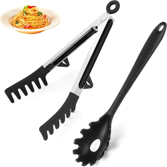Upgraded Silicone Spaghetti Spoon and Pasta Tong Set - Sturdy Pasta Fork with Teeth, Noodle Spoon Server, and V1258-DP02-D-153