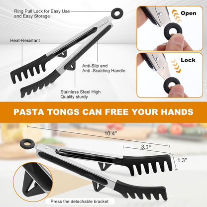 Upgraded Silicone Spaghetti Spoon and Pasta Tong Set - Sturdy Pasta Fork with Teeth, Noodle Spoon Server, and V1258-DP02-D-153