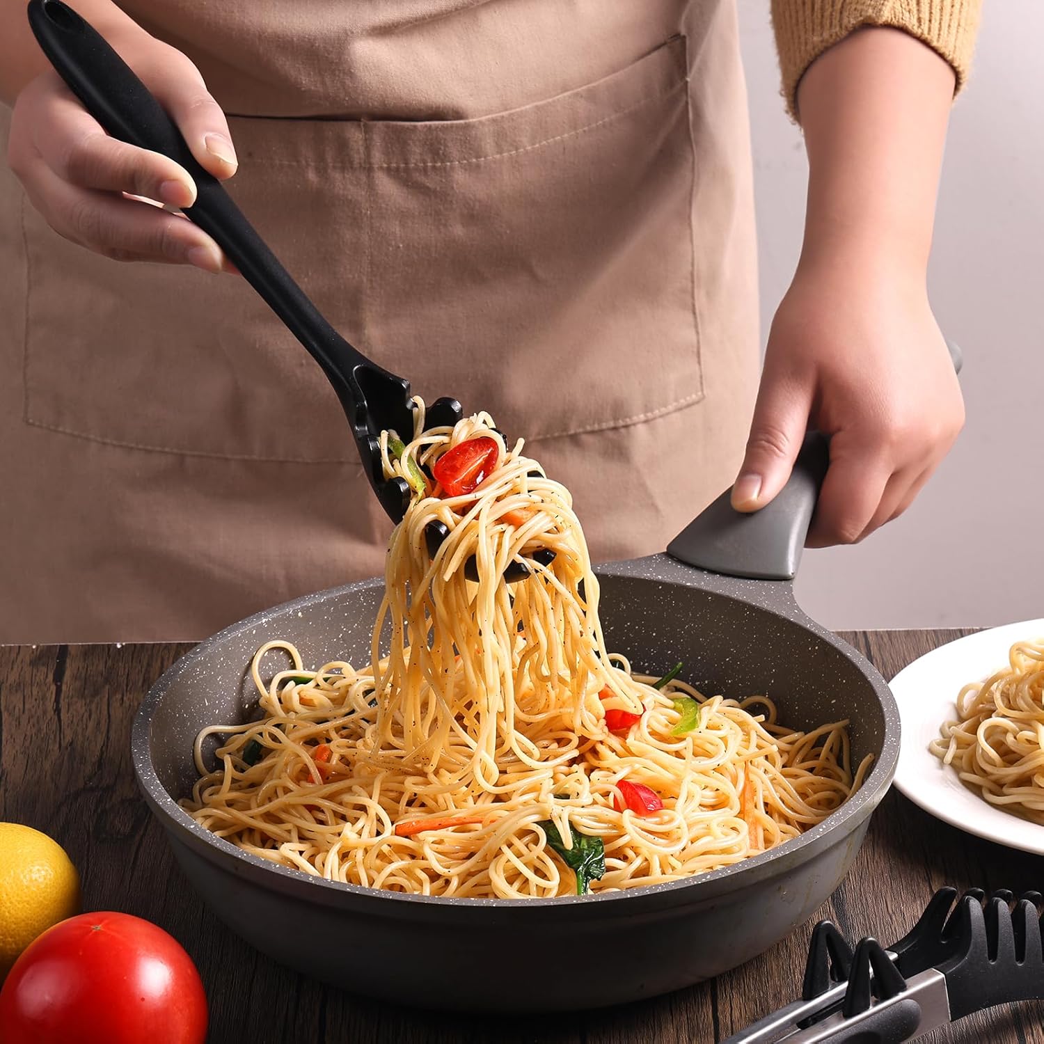 Upgraded Silicone Spaghetti Spoon and Pasta Tong Set - Sturdy Pasta Fork with Teeth, Noodle Spoon Server, and V1258-DP02-D-153