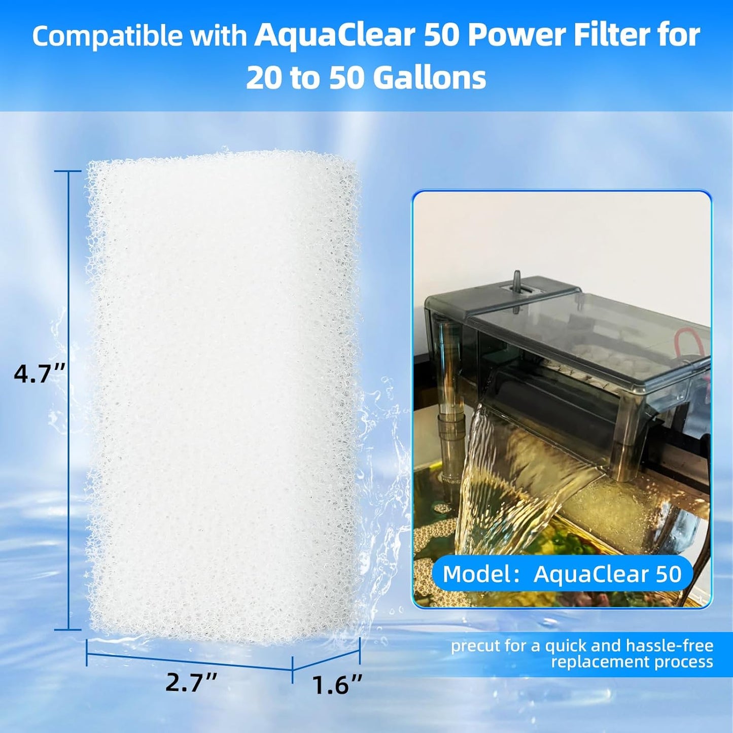 6-Pack Replacement Filter Sponge Pads, Aquarium Foam Insert Compatible with AquaClear 50, Fish Tank Filter V1258-DP02-D-177