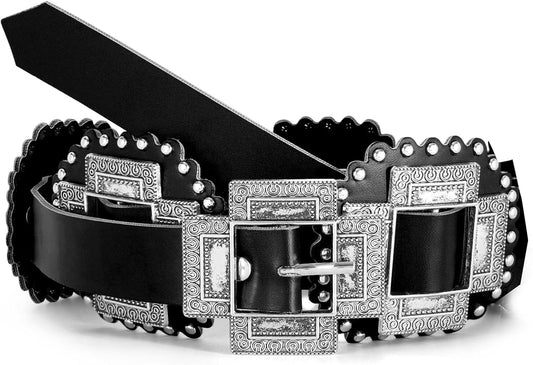 Women Western Concho Leather Belt Cowgirl Boho Belt Chunky for Dresses Concert Festival,Black,Fit Waist V1258-DP02-D-191