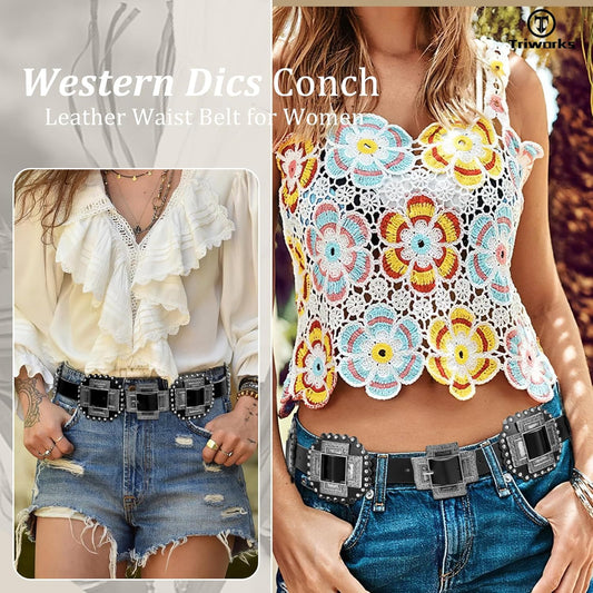 Women Western Concho Leather Belt Cowgirl Boho Belt Chunky for Dresses Concert Festival,Black,Fit Waist V1258-DP02-D-191