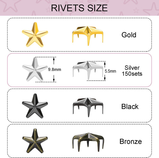 CooBigo 150Pack 10mm Studs for Clothing, Small Star Nailheads Rivets Metal Rivets Spike Stud Leather Claw V1258-DP02-D-21