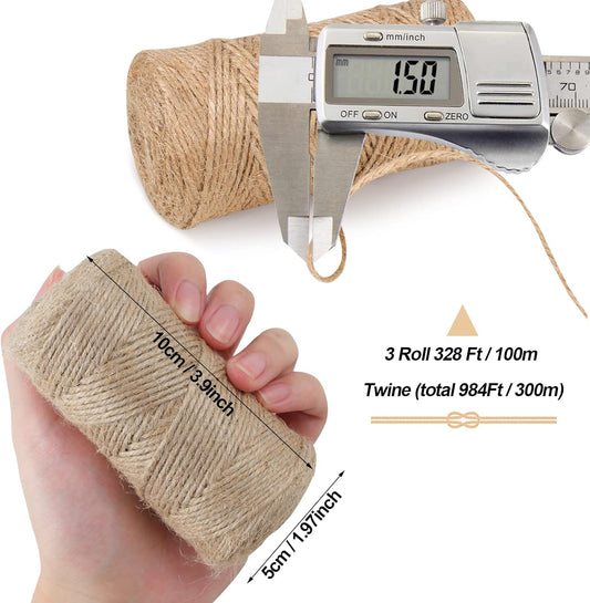 984 FT Natural Jute Twine, 3ply Thin Ribbon Hemp Twine for Gardening, Plant, Gift Wrapping, Art, Wedding V1258-DP02-D-226