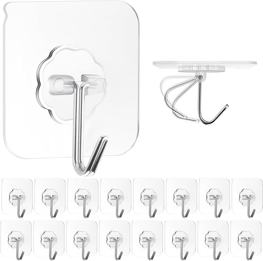 Adhesive Wall Hooks for Hanging, 16 Pack Self Sticky Hooks Heavy Duty 22lb Clear, Removable Shower Hook No V1258-DP02-D-235