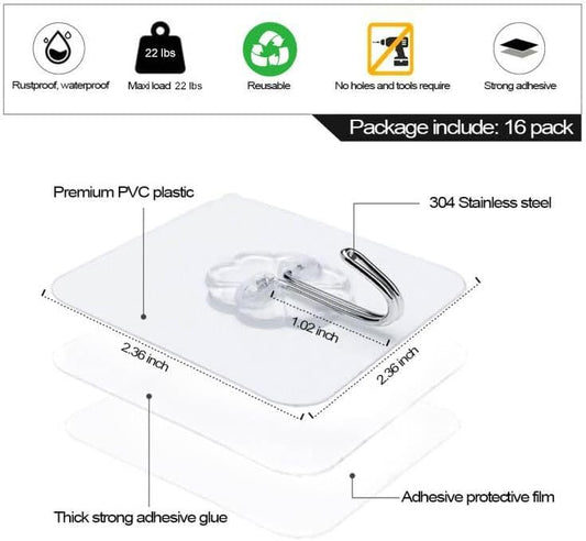 Adhesive Wall Hooks for Hanging, 16 Pack Self Sticky Hooks Heavy Duty 22lb Clear, Removable Shower Hook No V1258-DP02-D-235