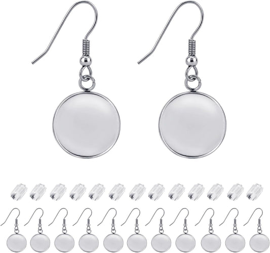 Earring Kit 30pcs Blank Ear Wire Hook 14mm Stainless Steel Cabochon Setting Earring Bezel with Rubber Backs V1258-DP02-D-300