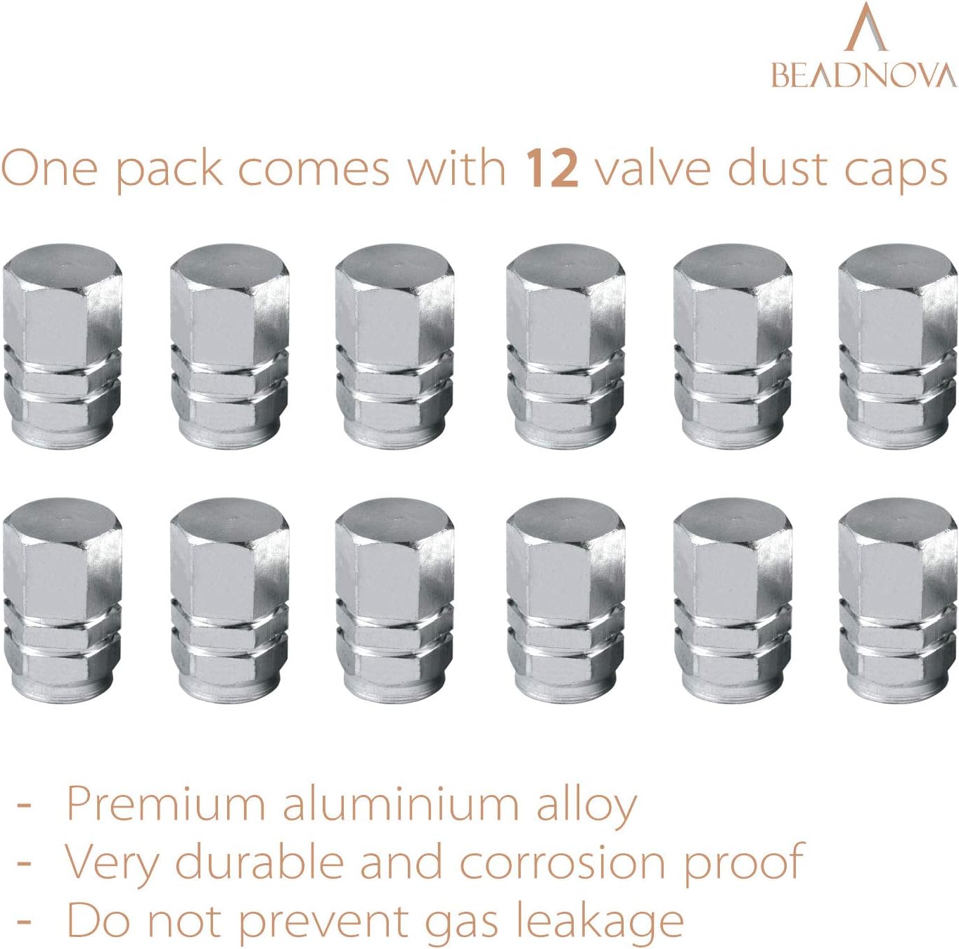 Valve Stem Caps Aluminum Chrome Caps for Tires Valve (12pcs Pack,Silver) V1258-DP02-D-305