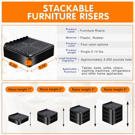 Furniture Risers, 4 Pack Bed Risers with Non-Slip Grip and Heavy Duty Support, 1 Inch 2 Inch 3 Inch 4 Inch V1258-DP02-D-321