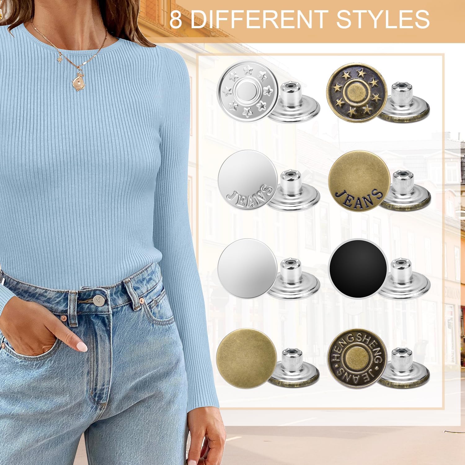 24 Pcs 17mm Jeans Button Replacement, Metal Buttons for Jeans No-Sew Nailess Removable Button for Jacket V1258-DP02-D-36