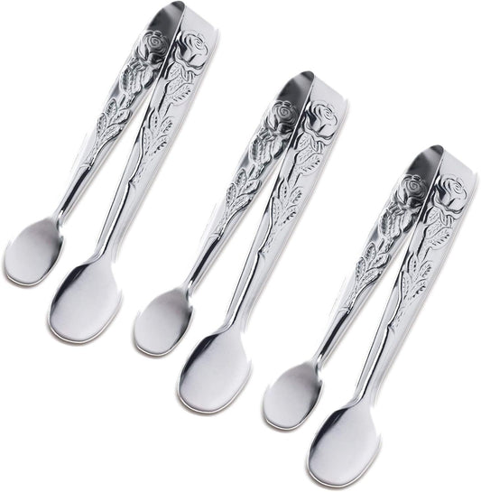 3PCS Mini Serving Tongs, 4Inch Rose Stainless Steel Sugar Cube Tongs, Sliver Small Ice Tong for Tea and V1258-DP02-D-366