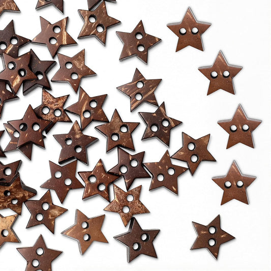 Small Wooden Star Buttons 50Pcs, 2-Hole Antique Brown Decorative Stars for DIY Crafts, Vintage Star Wood V1258-DP02-D-406