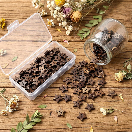 Small Wooden Star Buttons 50Pcs, 2-Hole Antique Brown Decorative Stars for DIY Crafts, Vintage Star Wood V1258-DP02-D-406