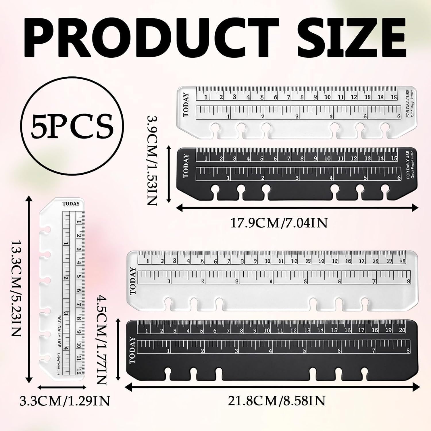 5PCS Planner Ruler for A5 A6 A7 Binder, 6-Ring Page Marker for Spiral Notebook, Snap-in Plastic Bookmark V1258-DP02-D-419